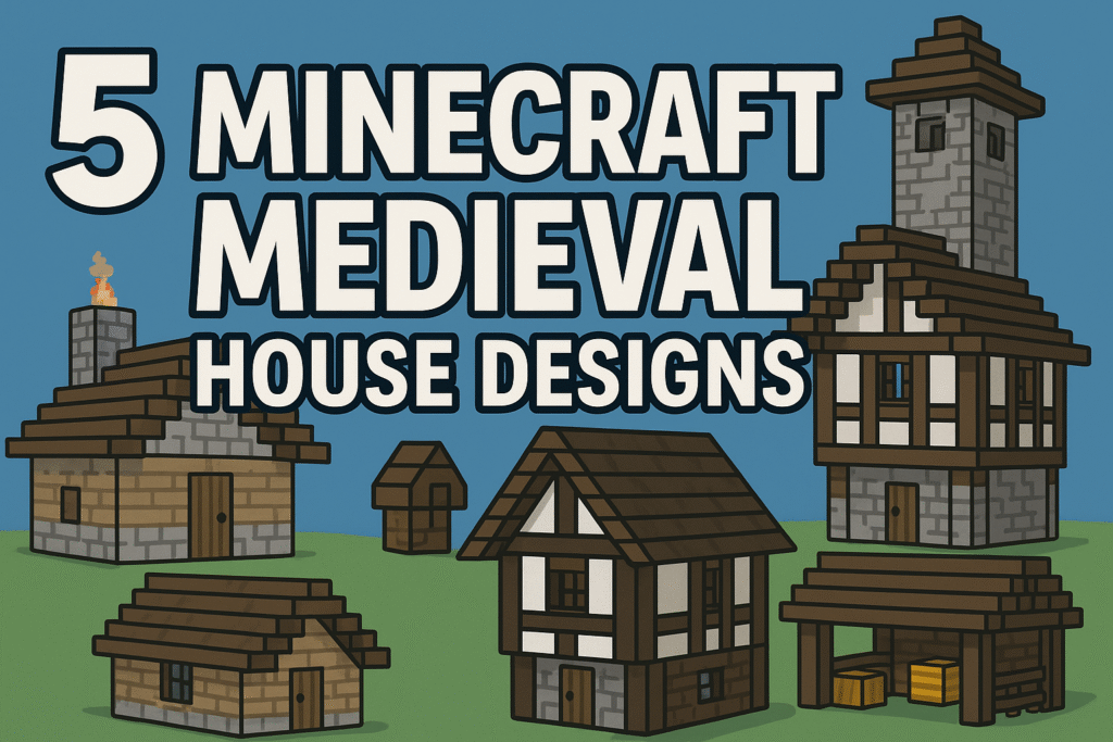 Digital banner showing 5 Minecraft medieval house builds in classic style