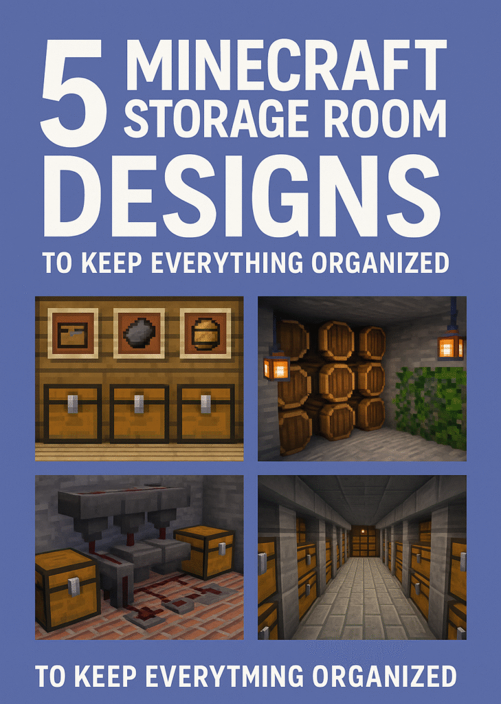 5 Minecraft storage room designs including chests, barrels, and hidden layouts